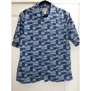 Ll Bean Blue Chevron Print Camp Shirt With Pocket Hawaiian Short Sleeve Size M